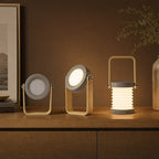One lamp, three shapes: folded flat, desk lamp and glowing lantern
