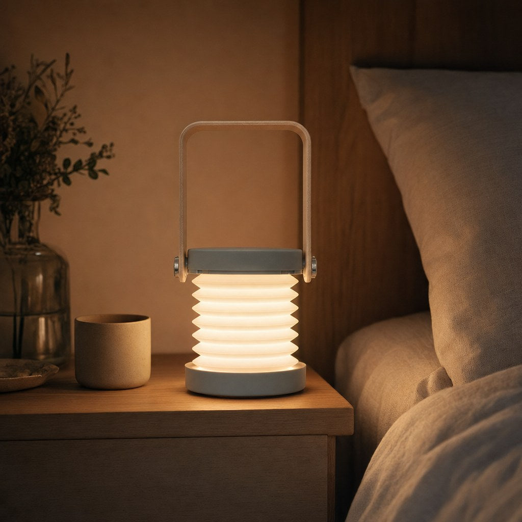 AURORA folding lantern lamp in Sage Grey glowing warm on a nightstand