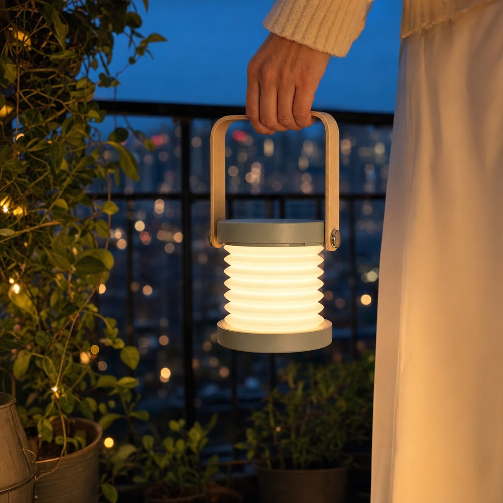 Carrying the cordless lantern by its wooden handle on a balcony