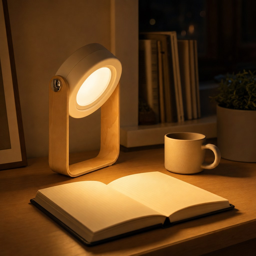 The lantern folded into desk-lamp mode lighting an open book