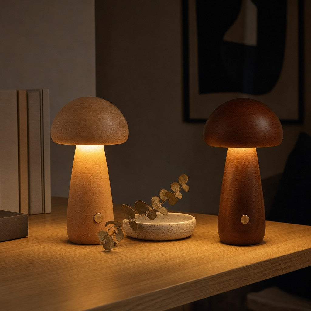 Mushroom lamps in honey and cocoa wood