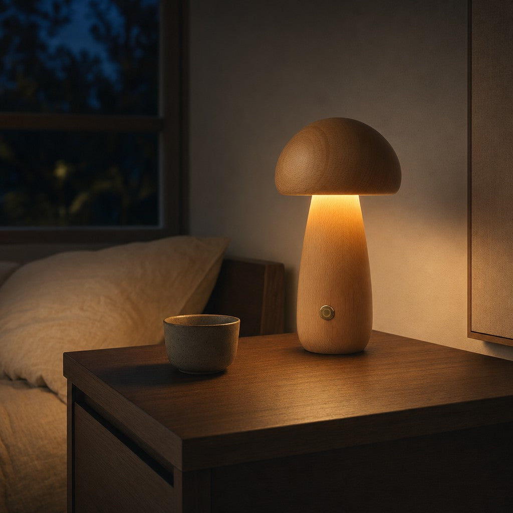 Wooden mushroom lamp glowing on a nightstand at night